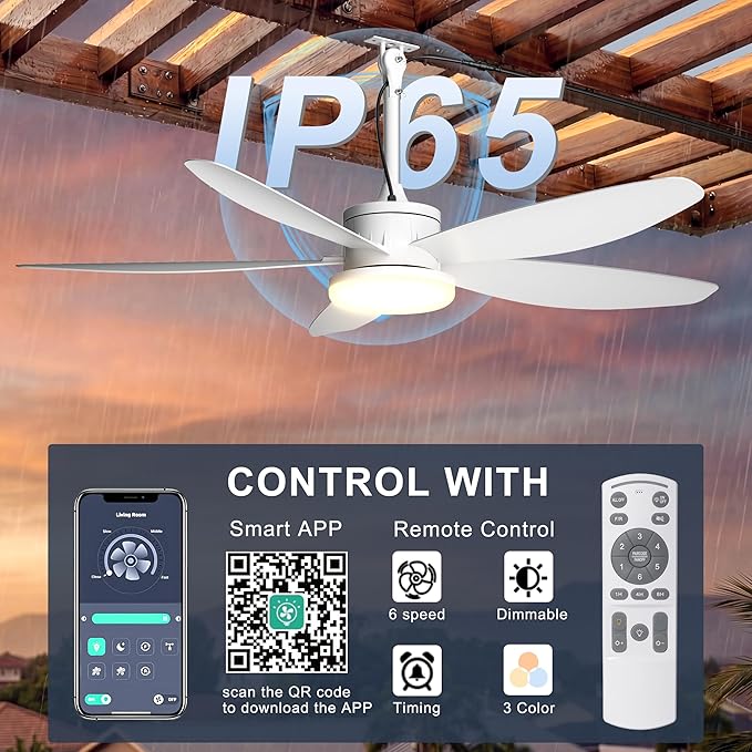 Outdoor Ceiling Fan with Lights, 48 Inch Plug in Gazebo Fans with Remote APP Control, Quiet DC Motor, Dimmable 3CCT, Waterproof Hanging Fans for Covered Patios, Porch, White