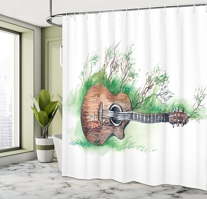 Ambesonne Music Shower Curtain, Wooden Guitar Branches Classical Flourishing Meadow Summertime Lawn Landscape, Cloth Fabric Bathroom Decor Set with Hooks, 69" W x 75" L, White Brown