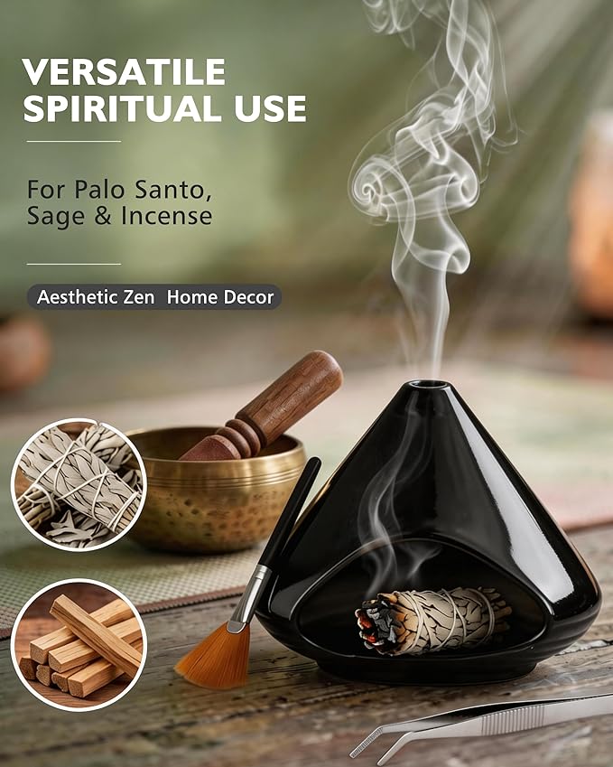 Ceramic Palo Santo Holder Incense Burner Ash Catcher - Modern Chiminea Smudge Bowl for Sage and Wood Sticks - Meditation Energy Cleansing Yoga Gifts for Home Decor