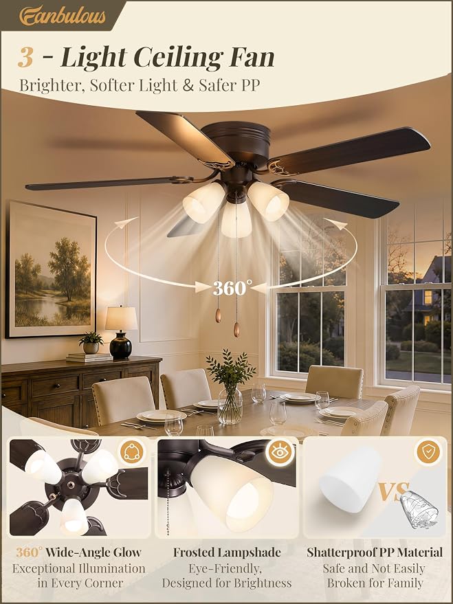 Fanbulous 52" Flush Mount Ceiling Fan with 3 Lights, DC Motor, Oil Bronze | 6-Speed Timer, Shatterproof PP Shades, Remote & Pull Chain Control, Vintage for Bedroom, Living Room, Dining Room