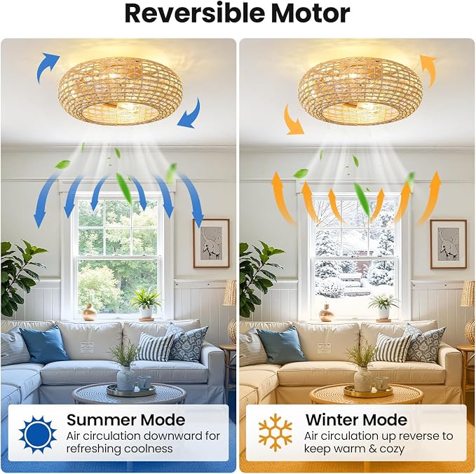 AIJIASI Boho Rattan Ceiling Fan with Light 20 Inch Flush Mount Caged Ceiling Fans with Light and Remote Control Enclosed 6 Speeds Low Profile Ceiling Fan Light for Bedroom Living Room Kitchen