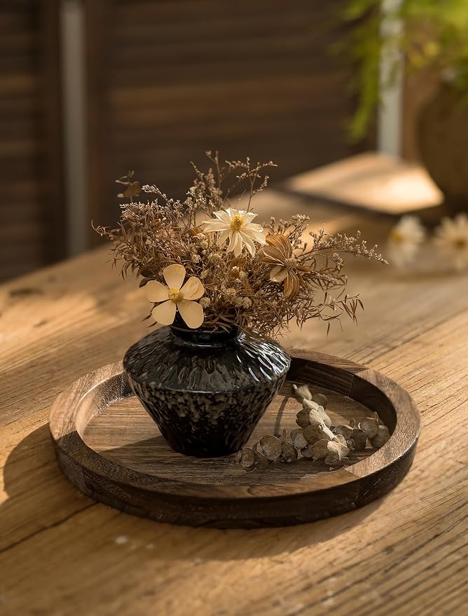 Hanobe Round Wooden Candle Holder Trays for Coffee Table, Distressed Finish | 11.2" Rustic Decorative Candlestick Plates for Kitchen Centerpiece, Farmhouse Living Room Fall Decor