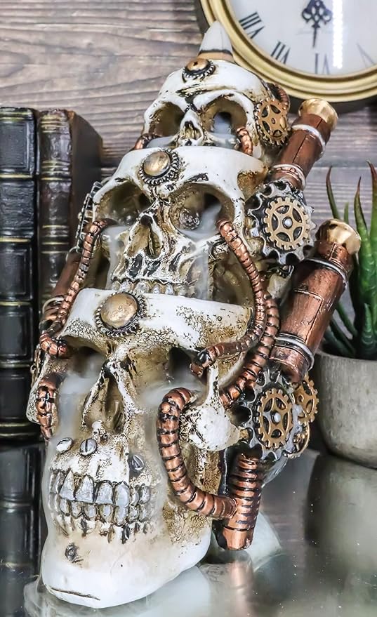 Ebros Gift Steampunk Geared Clockwork Pipework Trio Morphing Skulls Smoke Waterfall Backflow Incense Cone Tower Holder Burner Gothic Statue Home Fragrance Accessory Accent Figurine