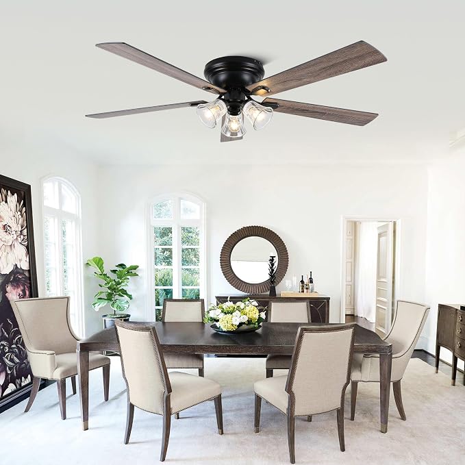 Dawn Whisper 60 Inch Farmhouse Flush Mount Ceiling Fans with 3 Lights Bulbs Base Vintage Low Profile Ceiling Fan for Living Room Bedroom