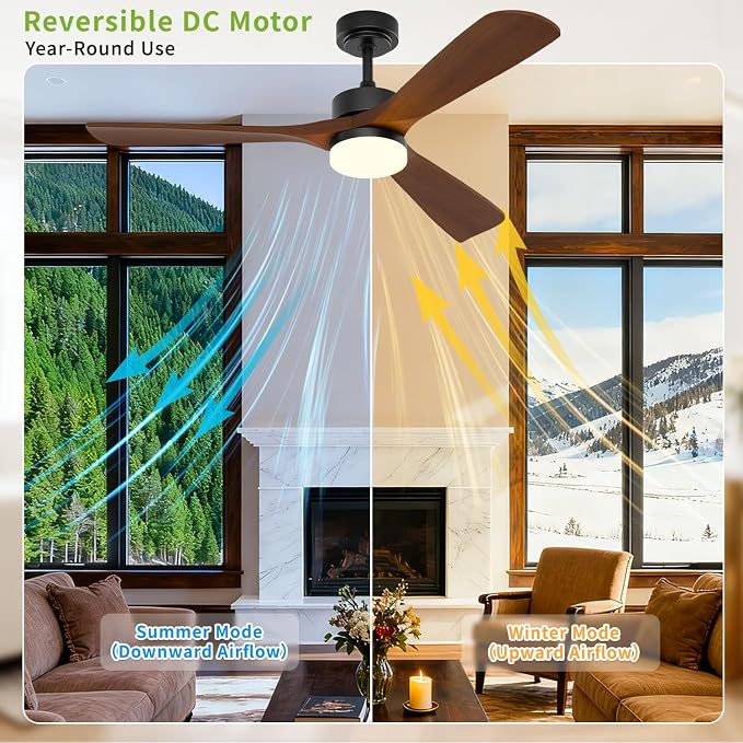 Ceiling Fans with Lights, Solid Wood Blade, 45 W Reversible DC Motor <20 dB Ultra-Quiet for Home Living, 3 CCT, 6 Speeds, 6200 CFM, 52 Inch Suitable for Indoor and Outdoor