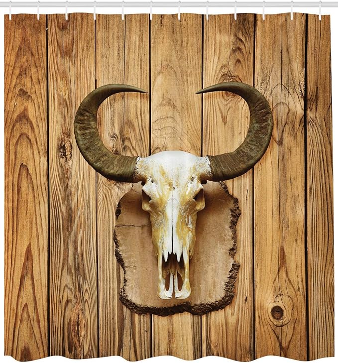 Ambesonne Western Shower Curtain, Buffalo Bull Skull with Horns Hanging on Rustic Wooden Plank Image Print, Cloth Fabric Bathroom Decor Set with Hooks, 69" W x 75" L, Brown Ivory