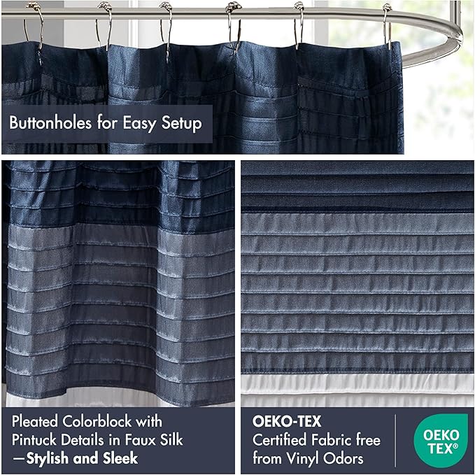 Madison Park Amherst Bathroom Shower Curtain Faux Silk Pieced Striped Modern Microfiber Bath Curtains, 72x72 Inches, Navy