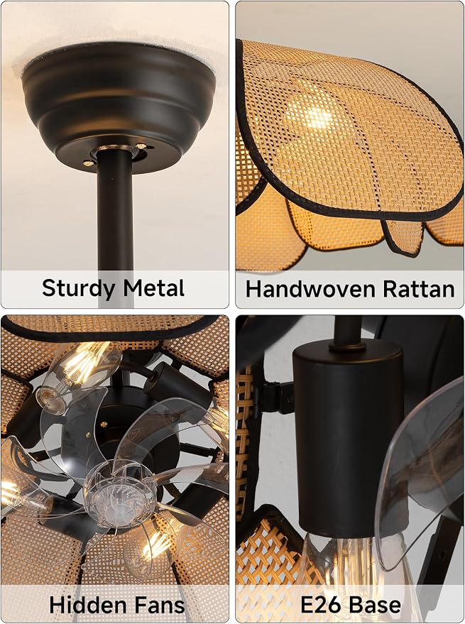 26 Inch Fandelier Rattan Ceiling Fans with Lights and Remote,Boho Black Chandelier Ceiling Fan for Dining Living Room,Bedroom,Kitchen,4-Light