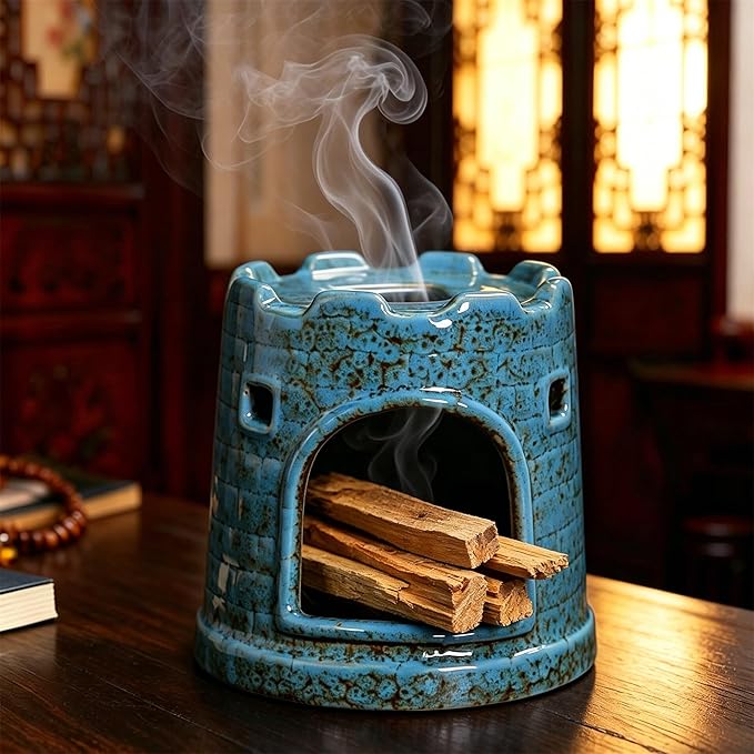 Ceramic Mini Chiminea Palo Santo Burner | Sage & Incense Cone Holder | Stable Smudge Bowl for Zen Altar, Meditation, Yoga | Home Decor & Gift (D)
