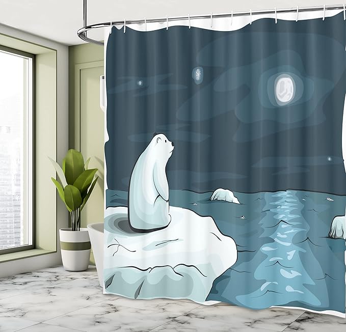 Ambesonne Winter Shower Curtain, Cartoon Style Hand Drawn Polar Bear in The Arctic Staring at The Moon Image Print, Cloth Fabric Bathroom Decor Set with Hooks, 69" W x 84" L, Petrol Blue