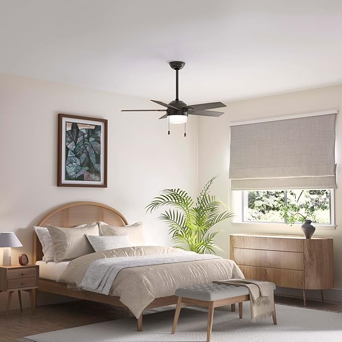 Hunter 44" Anisten Indoor Ceiling Fan, LED Light, Pull Chain, Noble Bronze | WhisperWind whisper-quiet motor, DuraLight lens, and 3" downrod support bedrooms, offices, and small rooms year-round.