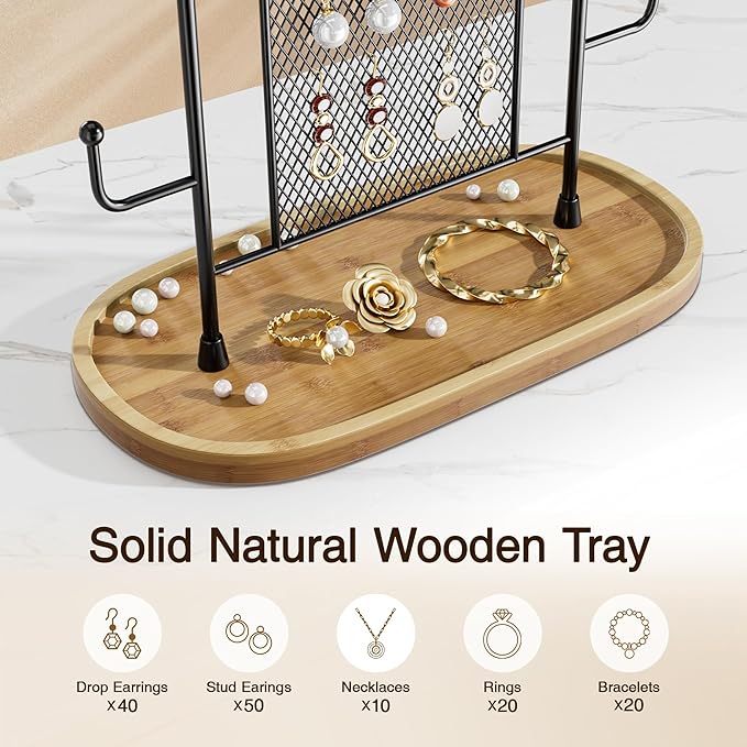 bussdis Jewelry Holder Organizer Earring Display - Earring Storage Tree Stands Towers With 6 Hooks 300 Studs Wood Tray Black Metal Rack