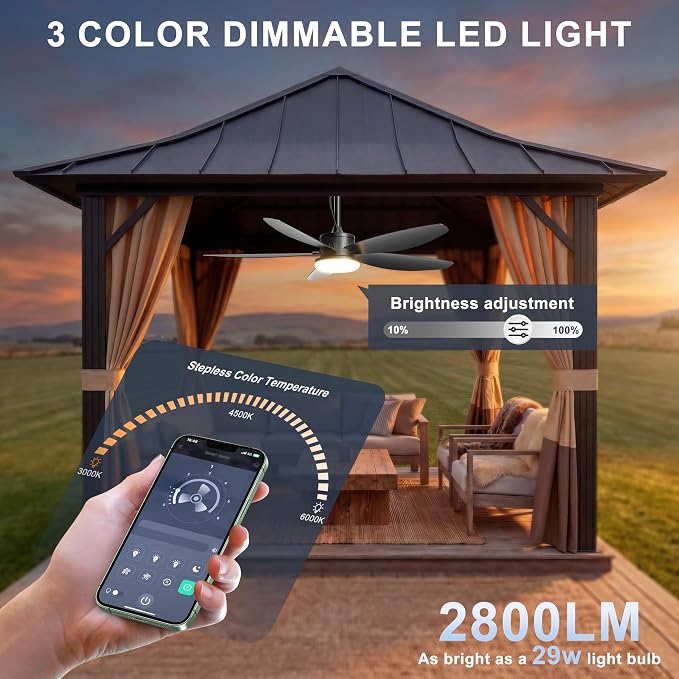 Outdoor Ceiling Fan with Lights, 48 Inch Plug in Gazebo Fans with Remote APP Control, Quiet DC Motor, Dimmable 3CCT, Waterproof Hanging Fans for Patios, Porch, Black
