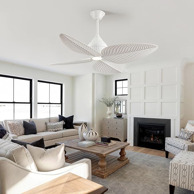 52" Tropical Ceiling Fans with Lights, Indoor Palm Leaf Ceiling Fan with Light and Remote for Living Room Bedroom, ABS Blades, Dimmable LED Lights, 6 Speeds, Adjustable Height-White