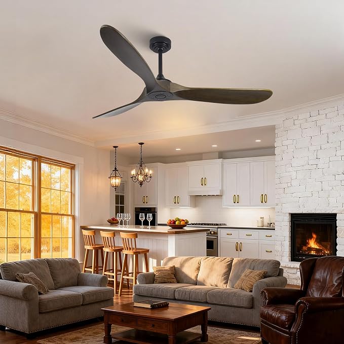 Outdoor Ceiling Fan Without Light, 60 Inch Smart Ceiling Fan with Remote & Voice Control for Compatible with Alexa/Google, 3-Blade Wood Fan, Quiet DC Motor, 6 Speeds for Patio, Porch, Farmhouse