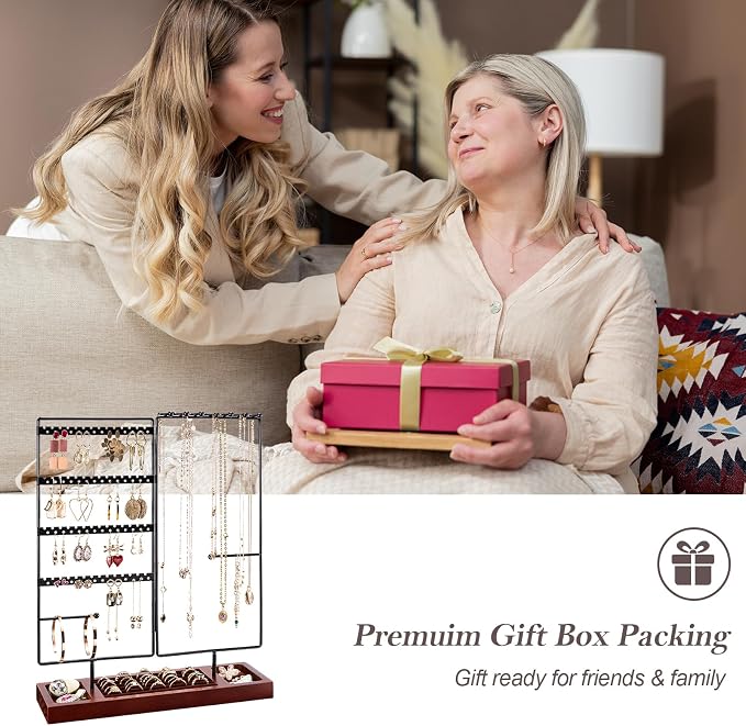 ProCase Jewelry Organizer Stand Earring Holder Organizer, 6 Tiers Earring Organizer Tree Necklace Rack Jewellery Tower Bracelets Holder Storage with Removable Wooden Ring Tray for Women Girls -Black