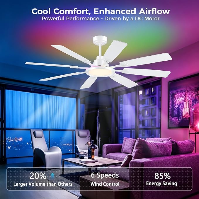 Ceiling Fan With Light & Remote Indoor/Outdoor Use 60 Inch RGB White | Remote Control,RGB Dimmable,Reversible DC Motor,3CCT,Timer,Noiseless,Ceiling Fan for Bedroom Living Room