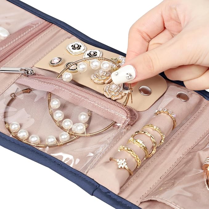 BELALIFE Travel Jewelry Case Organizer, Small Foldable Storage Roll for Earrings, Necklaces, Rings, Bracelets, Brooches, Blue-Gray | Bag with foldable roll design for earrings, necklaces, rings, bracelets and brooches,Blue-Grey