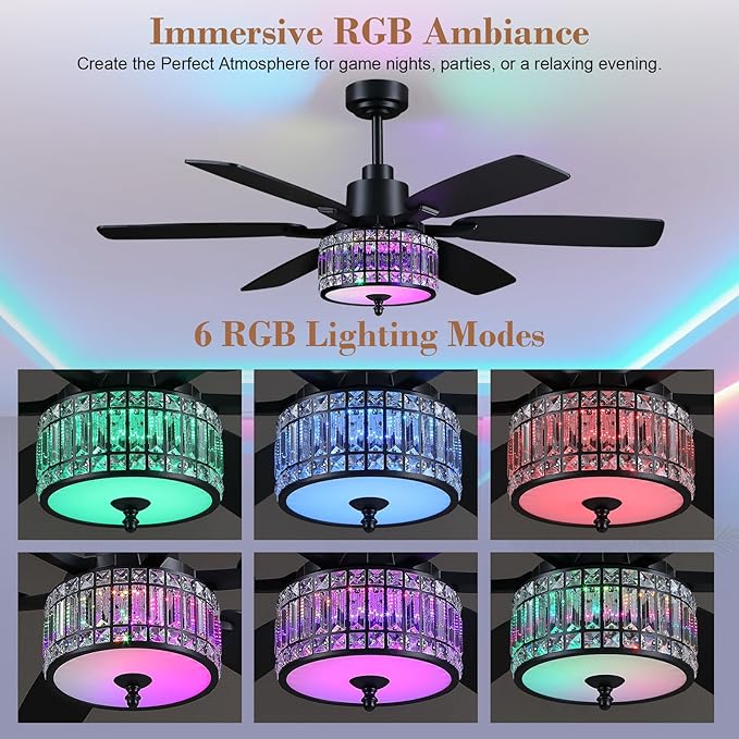 Kviflon 52 Inch Crystal Ceiling Fan with RGB Lights and Remote/APP Control, Black Fandelier Ceiling Fan with Light, Modern Chandelier Ceiling Fan for Bedroom Living Room, Quiet DC Motor, Dimmable LED