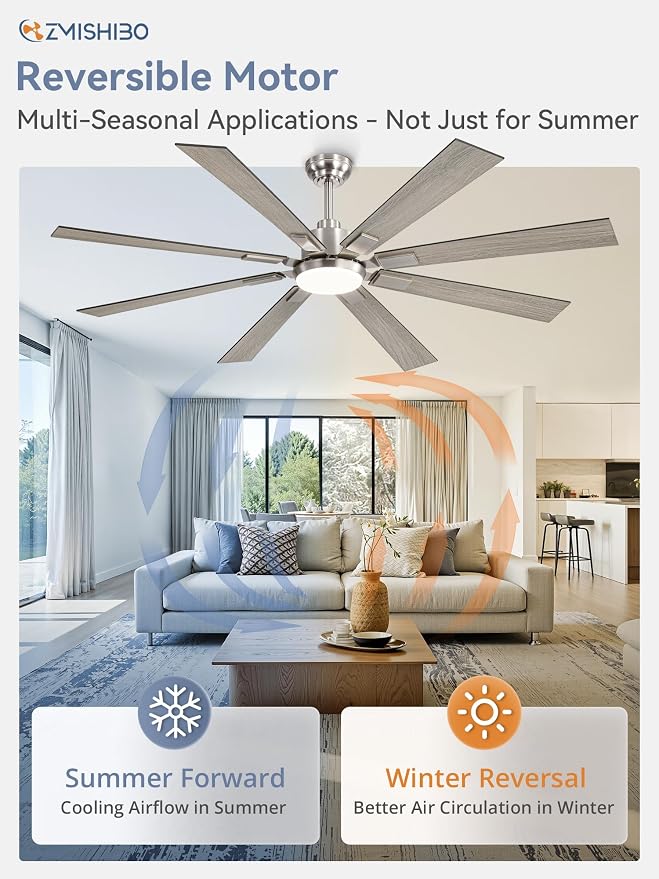 ZMISHIBO 65 Inch Ceiling Fans with Lights and Remote, Brushed Nickel Large Ceiling Fan with 3000-6000K Dimmable, Quiet Reversible DC Motor, 6 Speeds, Indoor/Outdoor Ceiling Fan for Patios Living Room