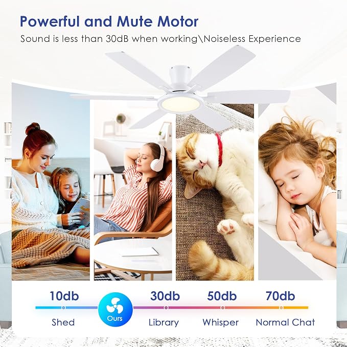 BYKISTOK 55In Flush Mount Ceiling Fan with RGB Light - White Modern Ceiling Fan with 6 Dual-Sided Blades, Reversible DC Motor, Low Profile Fan Light Fixture for Indoor Bedroom, Outdoor Patios