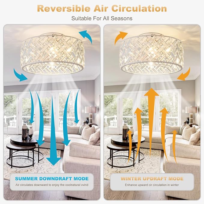 18 Inch Caged Ceiling Fan with Light and Remote, Painted White Flush Mount Fandelier Ceiling Fan with Remote & App Control, Quiet DC Motor Low Profile Crystal Ceiling Fan for Bedroom, Kitchen