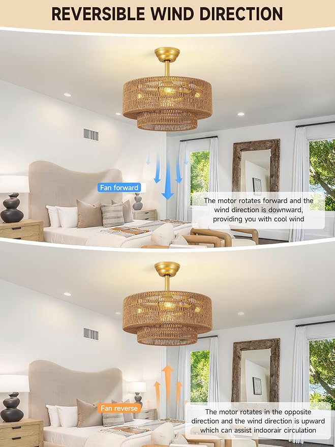 Boho Caged Fandelier with Lights Flush Mount Rattan Ceiling Fan with Lights and Remote Control, Enclosed 6 Speeds Low Profile Fan Light for Bedroom, Living Room, Kitchen