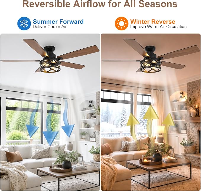 Qcyuui 52 Inch Farmhouse Ceiling Fan with Light and Remote Black Industrial Caged Flush Mount Ceiling Fan with Dual Finish 5 Blades 6 Speed Reversible Motor Rustic Ceiling Fan for Living room