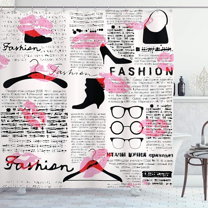 Ambesonne Old Newspaper Shower Curtain, Fashion Elements Kisses Lipstick Glasses Shoes Hangers Print, Cloth Fabric Bathroom Decor Set with Hooks, 69" W x 70" L, Pink Scarlet