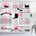 Ambesonne Old Newspaper Shower Curtain, Fashion Elements Kisses Lipstick Glasses Shoes Hangers Print, Cloth Fabric Bathroom Decor Set with Hooks, 69" W x 70" L, Pink Scarlet