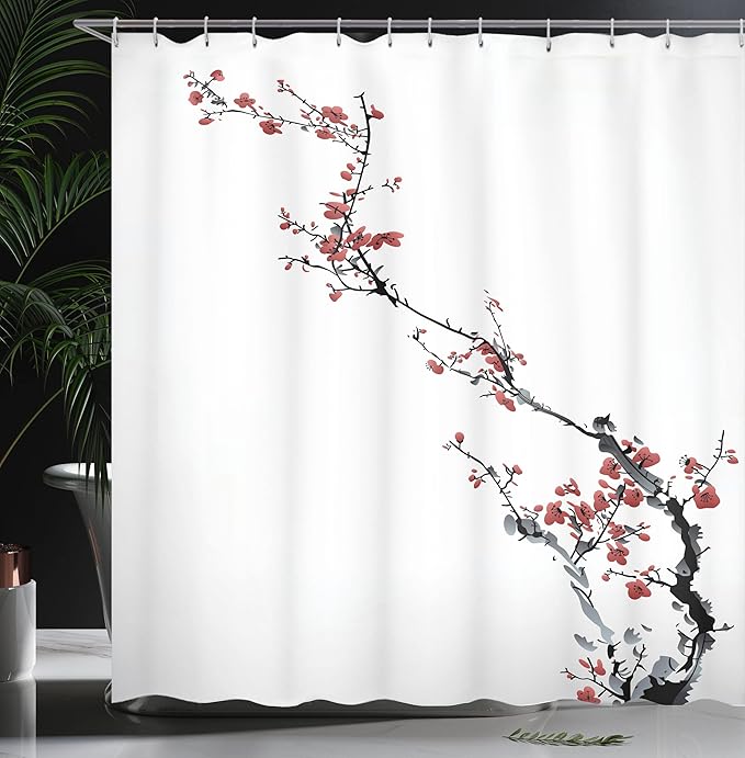 Ambesonne Watercolor Flower Shower Curtain, Sakura Tree Cherry Branches in Classic Style Artwork, Cloth Fabric Bathroom Decor Set with Hooks, 69" W x 70" L, Coral Black