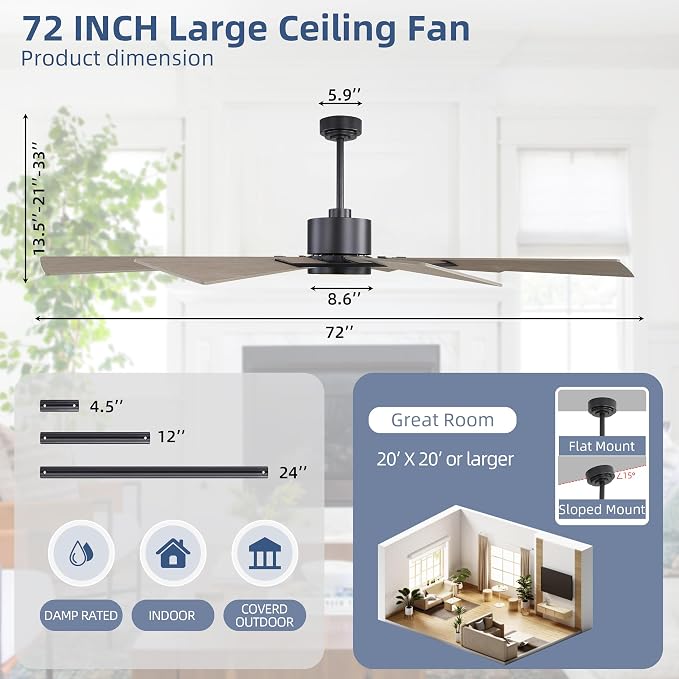WINGBO 72" Windmill Ceiling Fan with Lights, 3 Downrod, 6-Speed Reversible DC Motor, 3CCT, 10 Blade Indoor Farmhouse DC Ceiling Fans for Kitchen Bedroom Living Room Patio, Matte Black and Grey