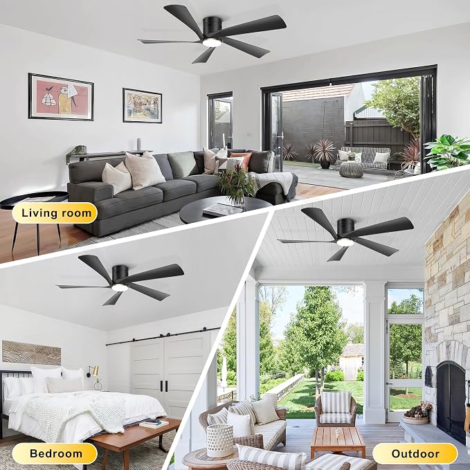 Ohniyou 52” Low Profile Modern Black Ceiling Fan with Lights | Remote/APP Control, Flush Mount, 3CCT Dimmable LED, Quiet DC Motor, Reversible, Indoor & Covered Outdoor Overhead Fans