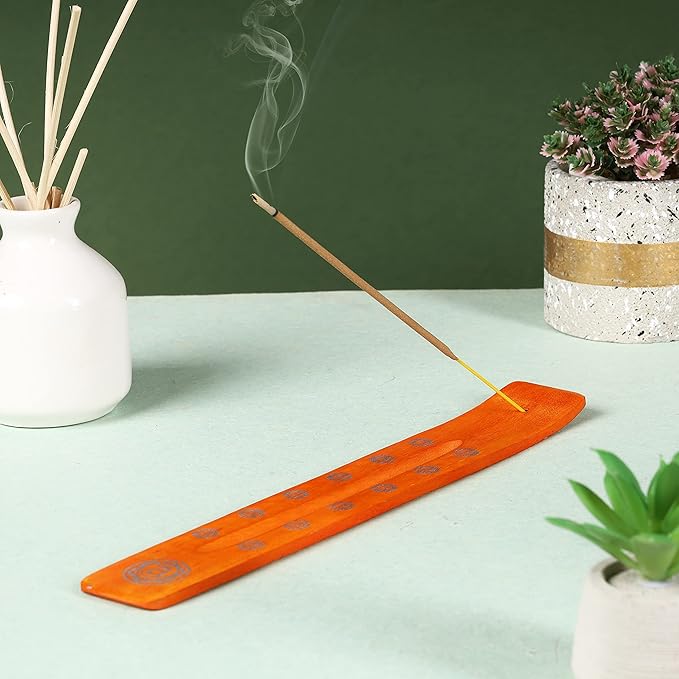 Bless-International Traditional-Handmade-Burner Wooden-Incense-Stick-Holder Ash-Catcher-Stand for-Aromatherapy-Meditation-Yoga (Orange, The Energy) 10 Inches, Pack of 1