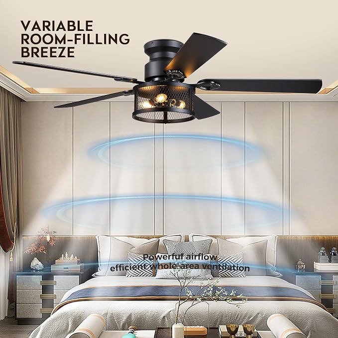 JSAITEE 52in Flush Mount Farmhouse Ceiling Fan with Lights, Caged | Low Profile Fan Light with E12 Base(Bulbs Not Included), 6 Speeds Adjustable&Timer, Rustic Lighting Fan for Indoor/Outdoor