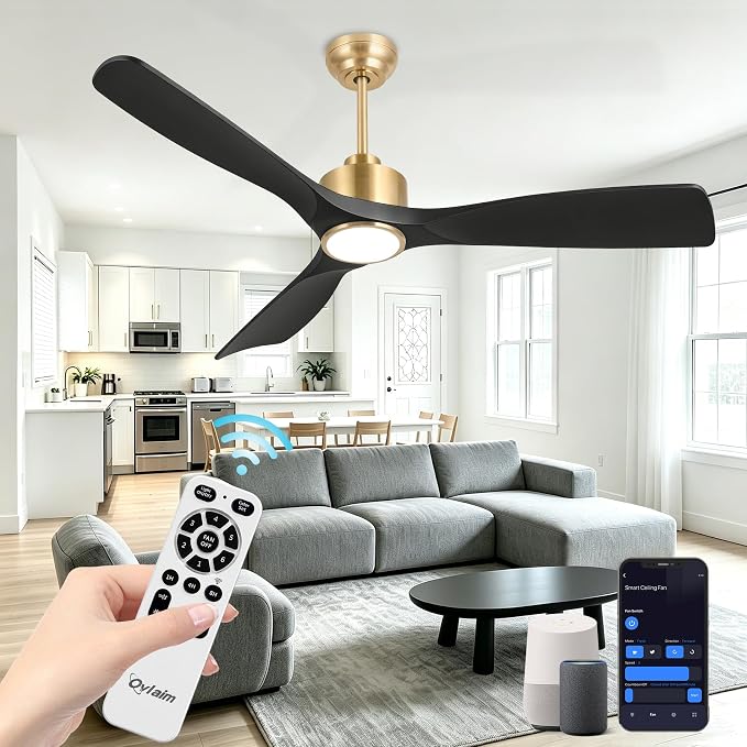 Ovlaim 52 Inch Modern Smart Ceiling Fan with Lights and Remote High CFM | 3 Blade Black Gold Ceiling Fan,ETL Listed Quiet Reversible DC Motor,Dimmable Light & Memory Function,For Bedroom Living Room