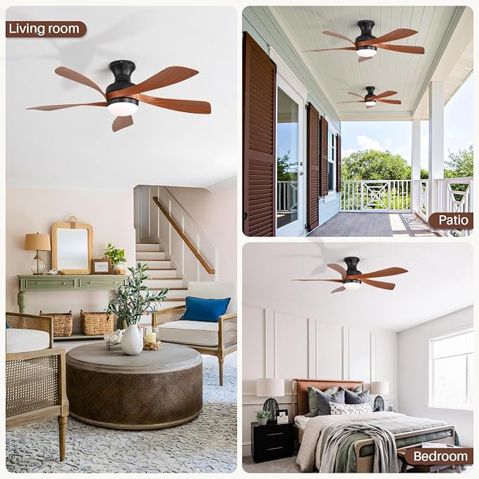 Sofucor 42 Inch Low Profile Ceiling Fan with Light, Flush Mount Outdoor Ceiling Fan with Remote for Farmhouse Bedroom Living Room Patio, Dimmable LED High Airflow Quiet Reversible DC Motor