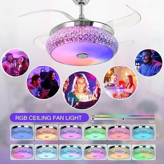 BAYSQUIRREL Retractable Ceiling Fan with Light, Low Profile Bluetooth Ceiling Fan with Speaker,RGB-LED Light 6 Speed Reversible Invisible Ceiling Fans for Bedroom,Remote and APP Control