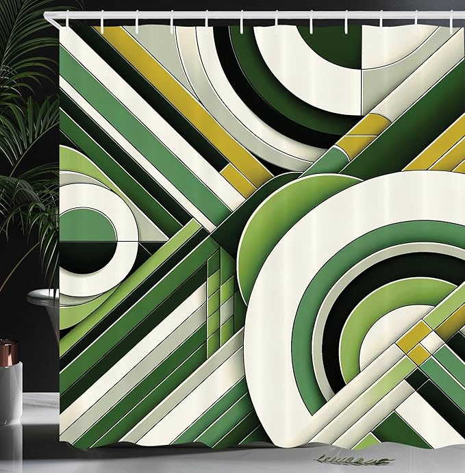 Ambesonne Green Shower Curtain, Mid Century Modern Boho Style Geometric Rounds and Lime Tone Lines Abstract Art, Cloth Fabric Bathroom Decor Set with Hooks, 69" W x 75" L, Eggshell Khaki