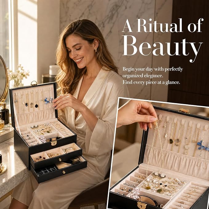 3 Layer Jewelry Box Organizer with Drawers, Lockable Holder for Women Girls | Large Capacity Storage Case with Velvet Lining, Earring Slots, Ring Cushions, Necklace Hooks, Elegant Gift for Mom