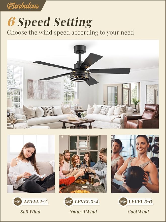 Farmhouse Caged Ceiling Fans with Lights and Remote, 42 Inch Rustic Black Ceiling Fans, 6 Speed Reversible Quiet DC Motor, Noiseless Ceiling Fan Dual Finish 5 Blades for Living Room Bedroom Kitchen