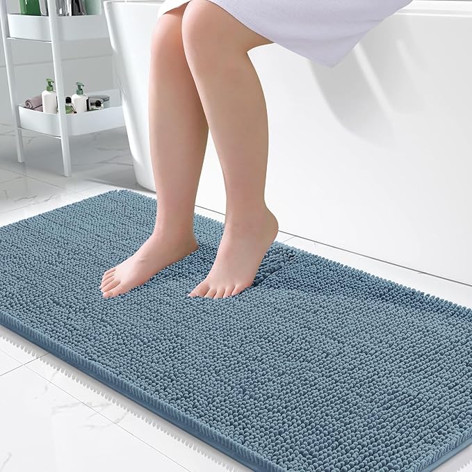 OLANLY Bathroom Runner Rugs 47x24, Soft Absorbent Chenille Bath Rugs, Rubber Backing Quick Dry, Machine Washable Long Bath Mats for Bathroom Floor, Tub and Shower, Home Decor Accessories, Airy Blue