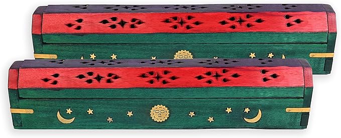 Incense Garden Pack of 2 Incense Stick Holder - Coffin Style - Wood Incense Stick Burner with Sun Moon Star Inlays Handmade with Brass Inlays (Multicolor)