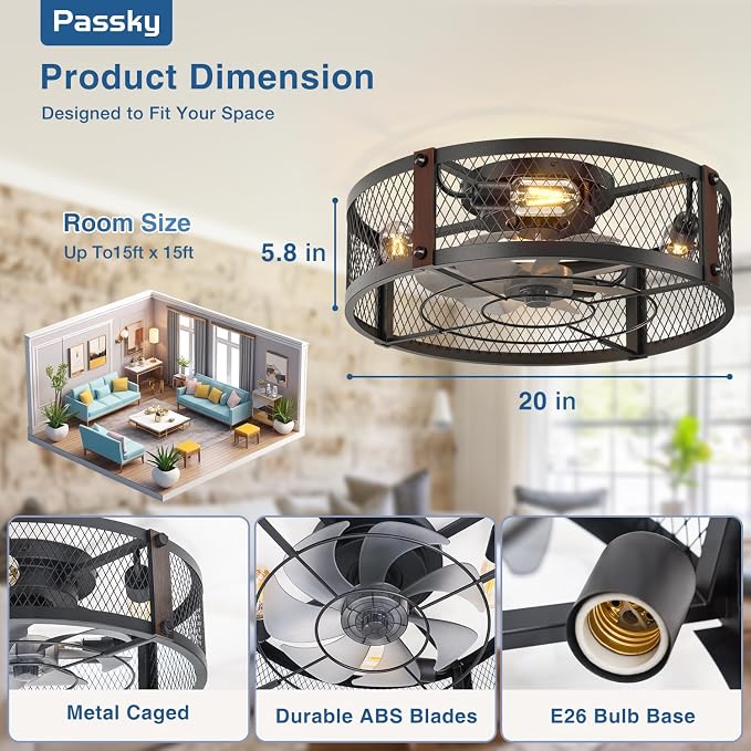 Passky 20" Farmhouse Flush Mount Ceiling Fans with Lights and Remote, Industrial Black Caged Low Profile Fandelier, 6 Speeds Bladeless Ceiling Fan for Bedroom, Kitchen, Living Room
