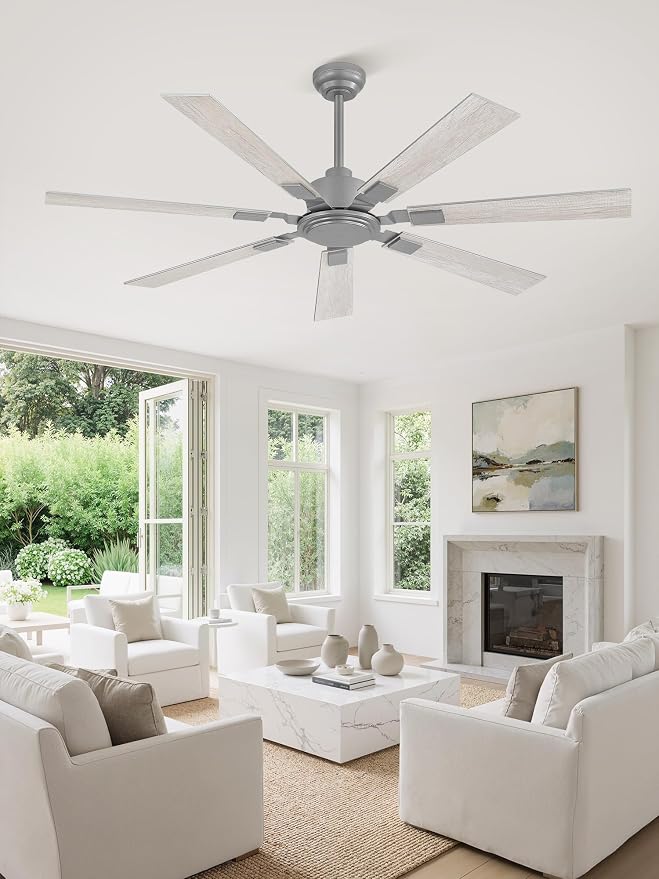 ZMISHIBO 60“ Ceiling Fans No Light with Remote, Silver Modern Ceiling Fan Without Light, Quiet Reversible DC Motor, 6 Speeds, 7 Blades Indoor/Outdoor Ceiling Fan for Living Room Bedroom Patio Garage