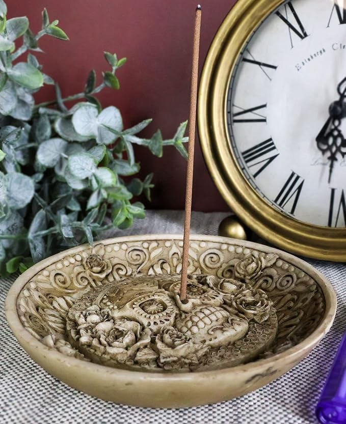 Ebros Day of The Dead Inca Floral Rose Sugar Skull Incense Stick Burner Holder Medallion Dish Figurine Skeletons Halloween Ossuary Aromatherapy Coin Jewelry Dishes Decorative Accent
