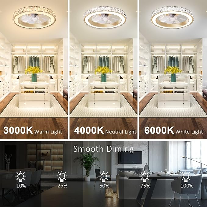 Aipsun Low Profile Modern Crystal Chandelier Ceiling Fans with Lights and Remote, 3000K-6500K Smart Bladeless LED Fan Light, 18" Gold Modern Ceiling Fans with Lights for Bedroom