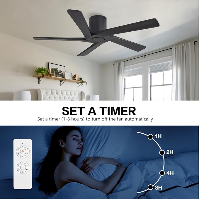 WINGBO 54 Inch Flush Mount DC Ceiling Fans without Lights, 5 Carved Solid Wood Blades, 6-Speed Reversible DC Motor, Low Profile Hugger Ceiling Fan No Lights for Indoor and Outdoor, Matte Black