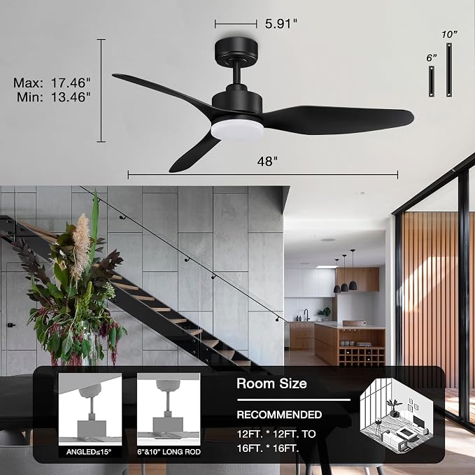 Hoenofly 48” Smart Ceiling Fans with LED Lights Remote,Quiet DC Motor,Dimmable,Outdoor Indoor Modern Ceiling Fan Controlled by WIFI Alexa App,3 Black Blades for Bedroom Living Room Patio Porch