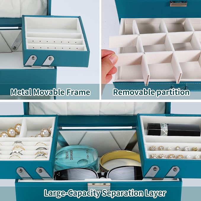 Dajasan Jewelry Organizer Box, Large Jewelry Boxes for Girls, Space-Saving 4 Layers Jewelry Storage Case with Drawer, Gift for Women, PU Leather, Movable Metal Stand, Modern (Blue)